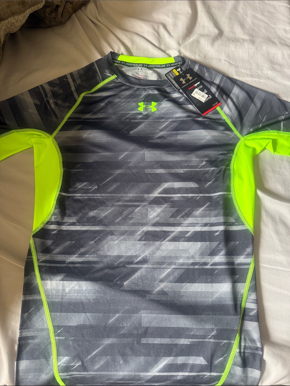Under Armour Men’s Gray Swim Rash Guard with Neon Green Accents